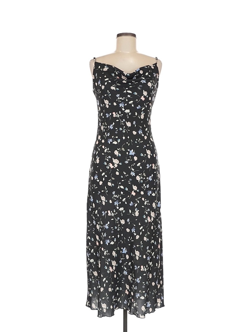 Wilfred Black Floral Midi Slip Dress with Cowl Neck